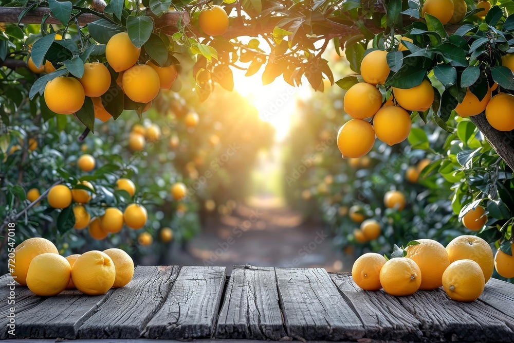 Poster summer fruit garden background with empty wooden table top in front, sunlight soft background