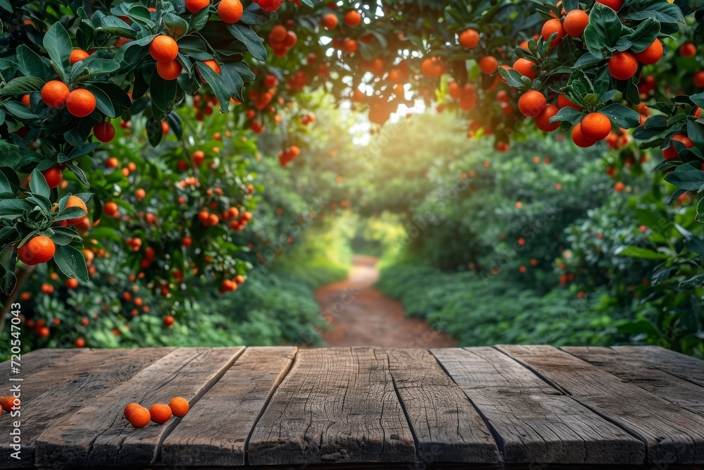 Poster summer apple fruit garden background with empty wooden table top in front, sunlight soft background