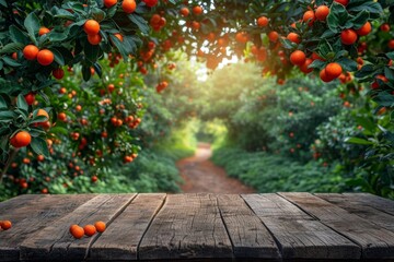 summer apple fruit garden background with empty wooden table top in front, sunlight soft background