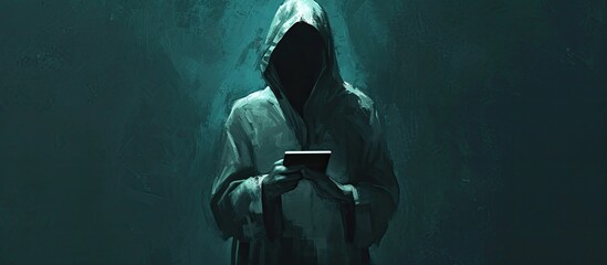 The image portrays a shadowy hacker, concealed by a hood, brandishing a smartphone, embodying the sinister world of cybercrime, internet breaches, and malware attacks against a dark background.