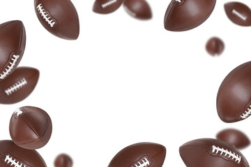 Many American football balls falling on white background