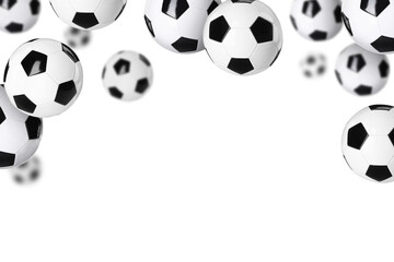 Many soccer balls falling on white background