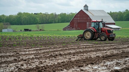 Fototapeta premium Shot of a barn with a GPS guided tractor parked outside