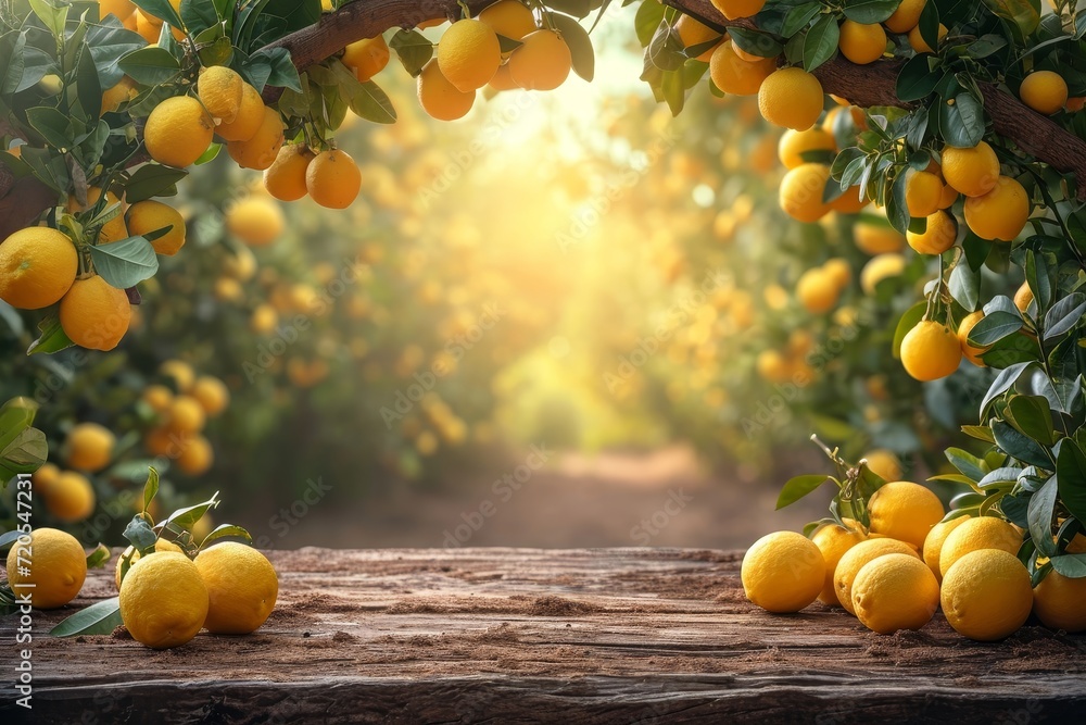 Poster summer lemon fruit garden background with empty wooden table top in front, sunlight soft background