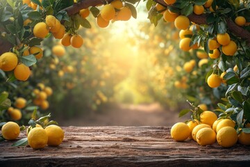 summer lemon fruit garden background with empty wooden table top in front, sunlight soft background