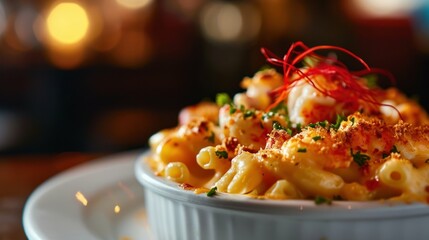 Gourmet Lobster Mac and Cheese against a fine dining restaurant background