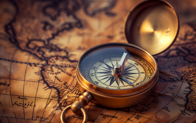 Fototapeta na wymiar Close-up of a compass on an antique map. concept of travel and exploration
