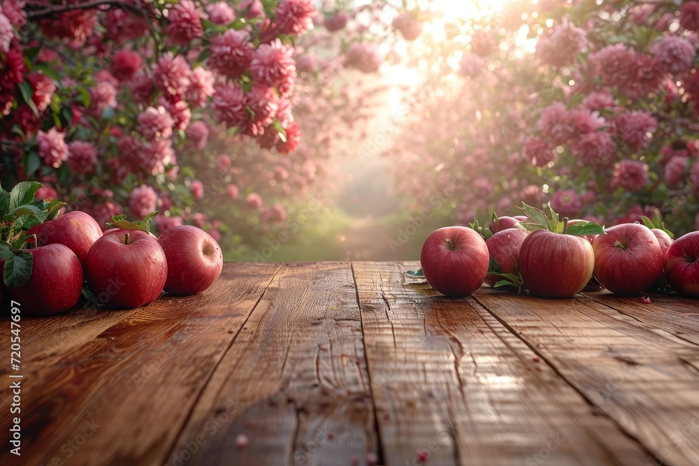 Poster A wooden table is adorned with a plentiful display of vibrant red apples.