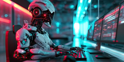 Amongst people in an office, a robot diligently types on a keyboard, blending seamlessly into the workplace environment.