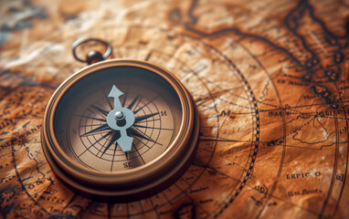 Close-up of a compass on an antique map. concept of travel and exploration