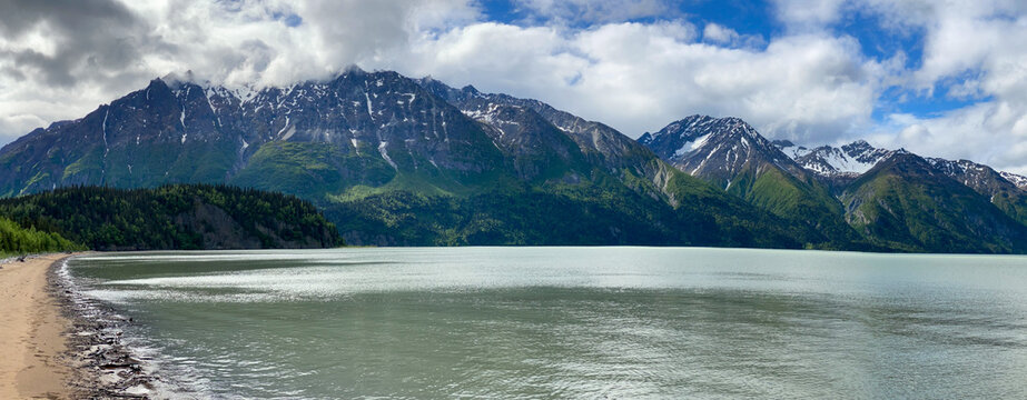 Lake Clark National Park, Alaska. Sandy shoreline on northwest shore of Lake Clark near Little Lake Clark at Tlikakila River inlet. 
