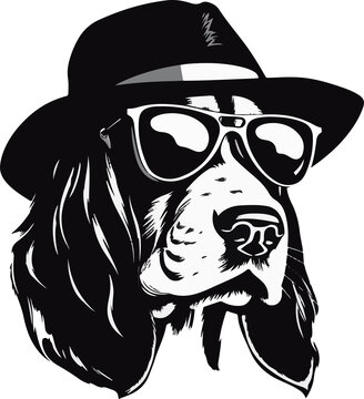 The muxxle Basset Hound wth sunglasses in hat. Monochrome style, black logo on white background. Generative ai