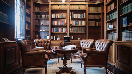 An elegant financial advisors office with polished wood leather chairs and financial books.