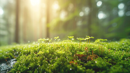 Close-up, nature textures, bright green colors of fresh grass, moss. Foggy natural background, dewy...