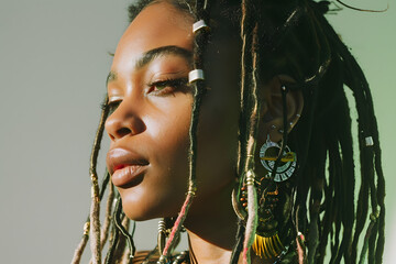 Closeup portrait of young African american woman with braid dreadlocks and jewelry