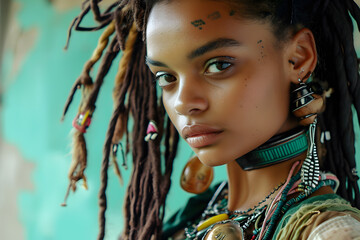 Closeup portrait of young African american woman with braid dreadlocks and jewelry