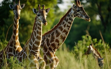 Obraz premium shot of a giraffe family their graceful forms
