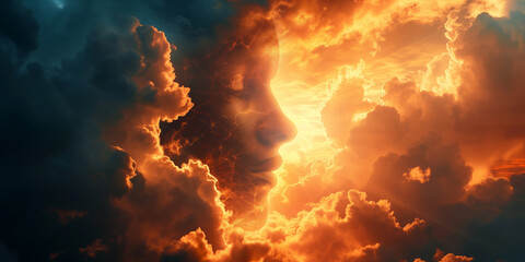 Woman face silhouette in dramatic sky with sun rays - obrazy, fototapety, plakaty