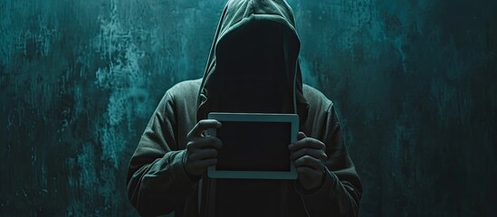 The image portrays a shadowy hacker, concealed by a hood, brandishing a smartphone, embodying the sinister world of cybercrime, internet breaches, and malware attacks against a dark background. - obrazy, fototapety, plakaty