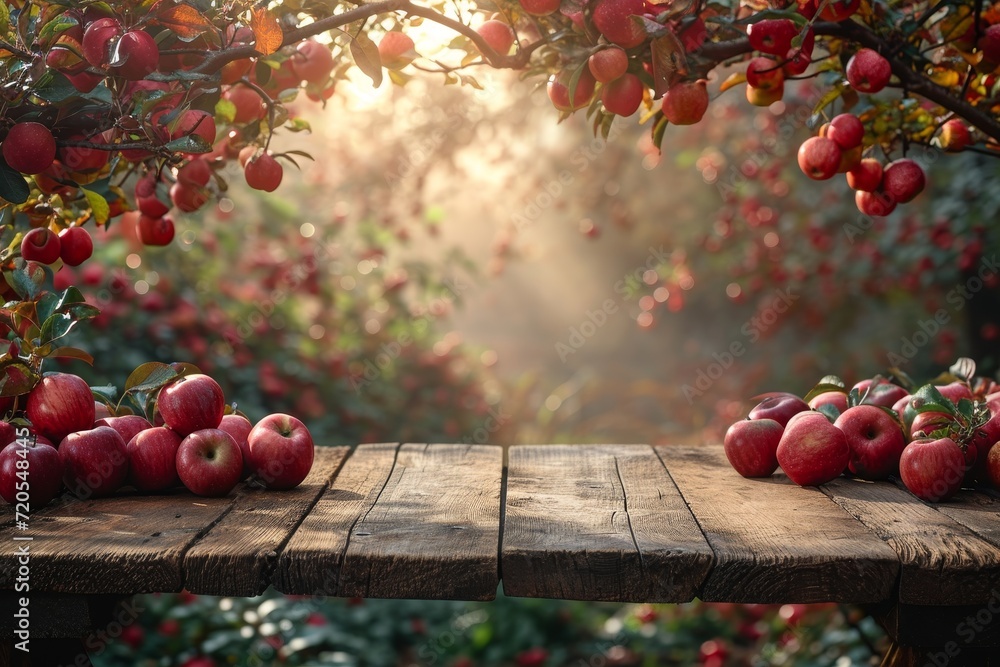 Poster a wooden table is completely covered with a multitude of ripe red apples.