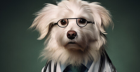 A small dog in a doctor's coat, glasses and a stethoscope on a dark background. Pet care and grooming concept.