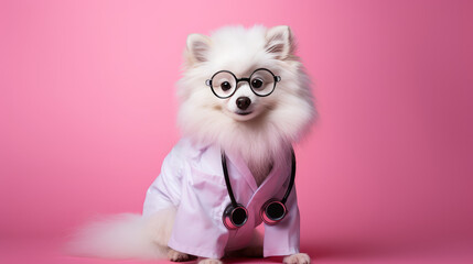 A small white dog in a doctor's coat, glasses and a stethoscope on a pink background. Pet care and grooming concept.