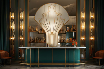 An Art Deco room with a custom built in bar cabinet - obrazy, fototapety, plakaty
