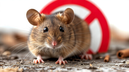 rat on white background, prohibition sign in the background. concept of rat extermination