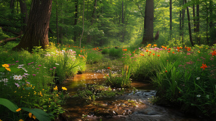 An enchanted forest with a small clear brook surrounded by ancient trees and a variety of colorful wildflowers. - obrazy, fototapety, plakaty