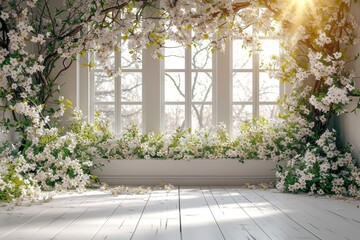 White room featuring a window and adorned with white flowers on the wall.