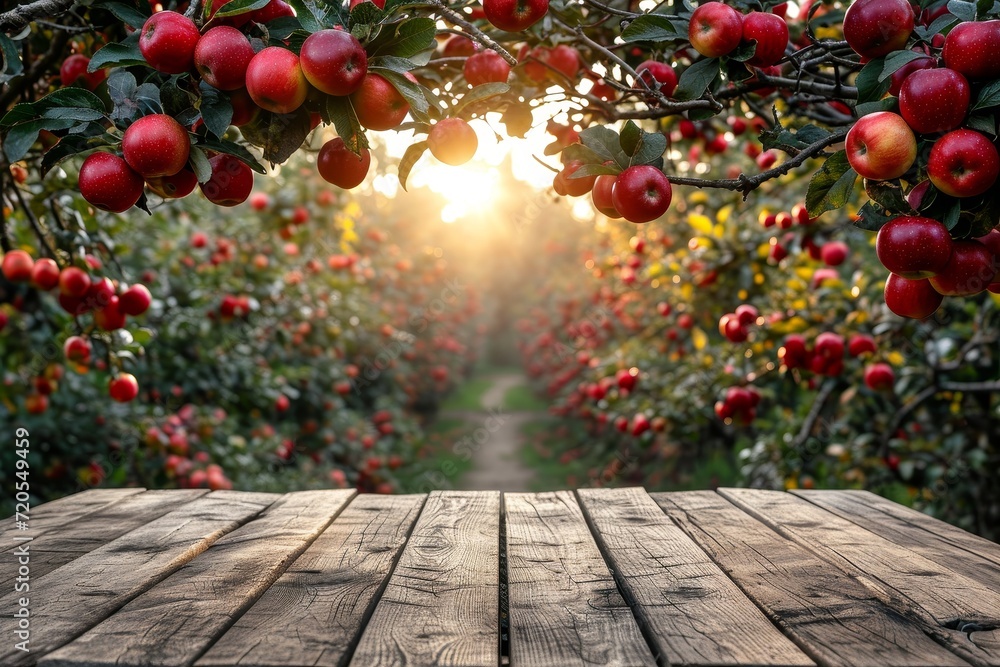 Poster Red apple fruits in garden background with empty wooden table top in front, sunlight soft background