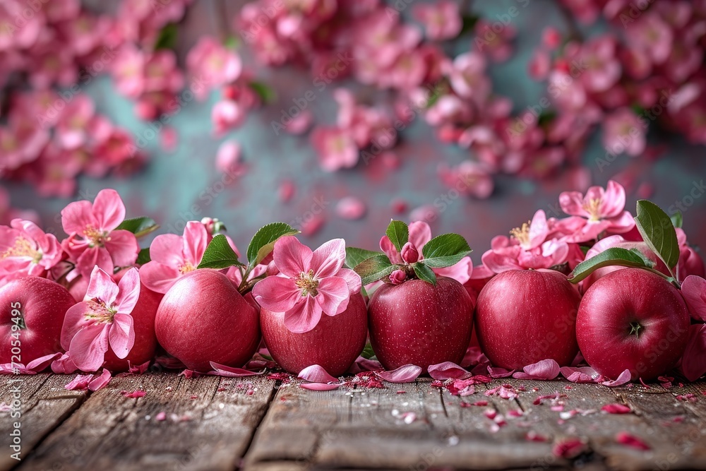 Aufkleber a neat row of red apples and flowers sitting on top of a rustic wooden table.
