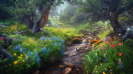 Obrazy na Plexi  An enchanted forest with a small clear brook surrounded by ancient trees and a variety of colorful wildflowers.