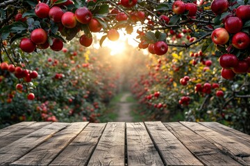 Red apple fruits in garden background with empty wooden table top in front, sunlight soft background