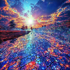 Sunset paints a digital road, tiles reflecting the fiery load.