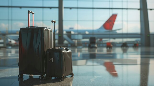 large suitcases in front of an airport window at dawn with planes in the background in high resolution and quality