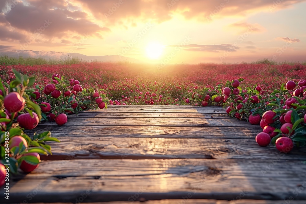 Poster a wooden table filled with a multitude of ripe red apples.
