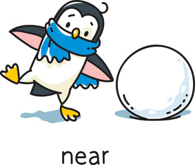 Preposition of place. Penguin near the snowball