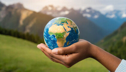 Woman hand holding earth save planet earth day