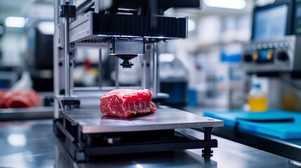 Laboratory-grown artificial meat concept showcasing the future of food with cultured beef, a sustainable and ethical alternative to traditional meat production.