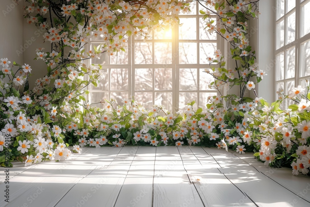 Poster An open window adorned with a profusion of colorful flowers creating a vibrant and lively scene.