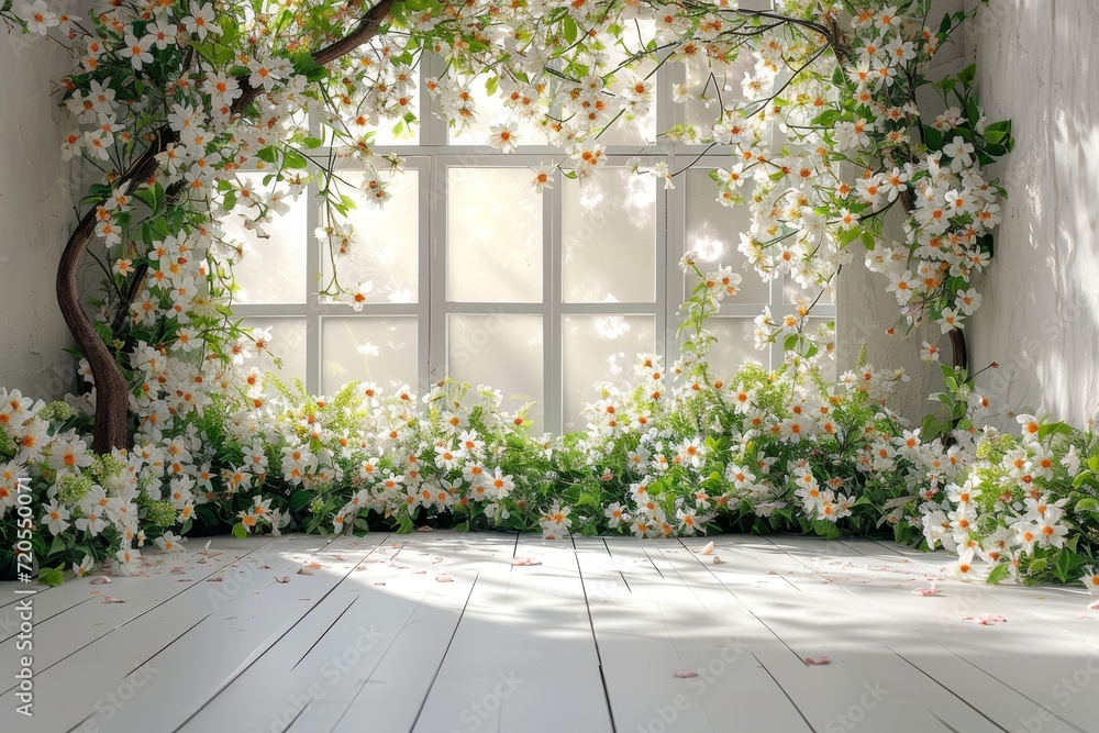 Poster a room featuring a window with a view of a bunch of flowers.