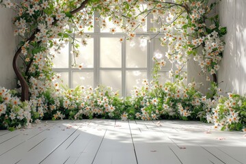 A room featuring a window with a view of a bunch of flowers. - obrazy, fototapety, plakaty