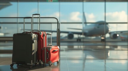 Fototapeta premium large suitcases in front of an airport window at dawn with planes in the background in high resolution and quality. concept international and national travel with family