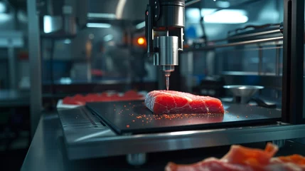Fotobehang Laboratory-grown artificial meat concept showcasing the future of food with cultured beef, a sustainable and ethical alternative to traditional meat production. © TensorSpark