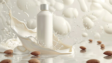 Fototapeta na wymiar A composition with cosmetic bottles and almonds. Liquid splashes. Skin care. Cosmetics with almond extract. A place to copy. Layout mockup. Premium advertising concept for website and poster