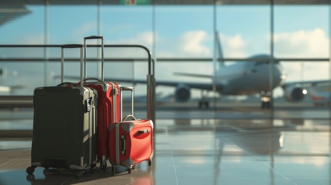 large suitcases in front of an airport window at dawn with planes in the background in high resolution and quality. concept international and national travel with family