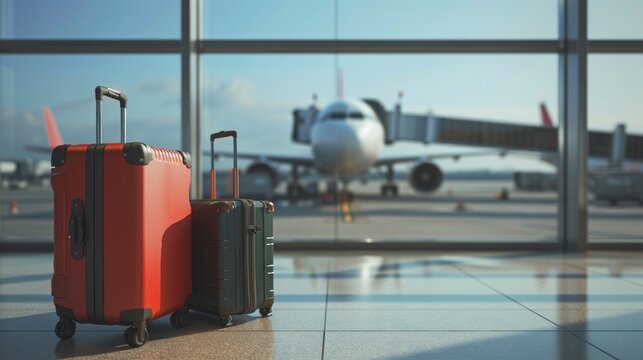large suitcases in front of an airport window at dawn with planes in the background in high resolution and quality. concept international and national travel with family and friends