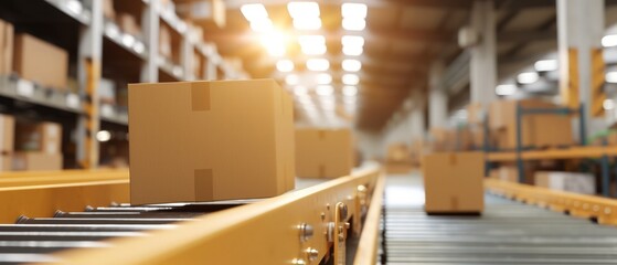 multiple cardboard box packages seamlessly moving along a conveyor belt in a warehouse fulfillment center. - obrazy, fototapety, plakaty