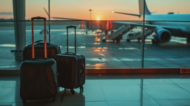 large suitcases in front of an airport window at dawn with planes in the background in high resolution
